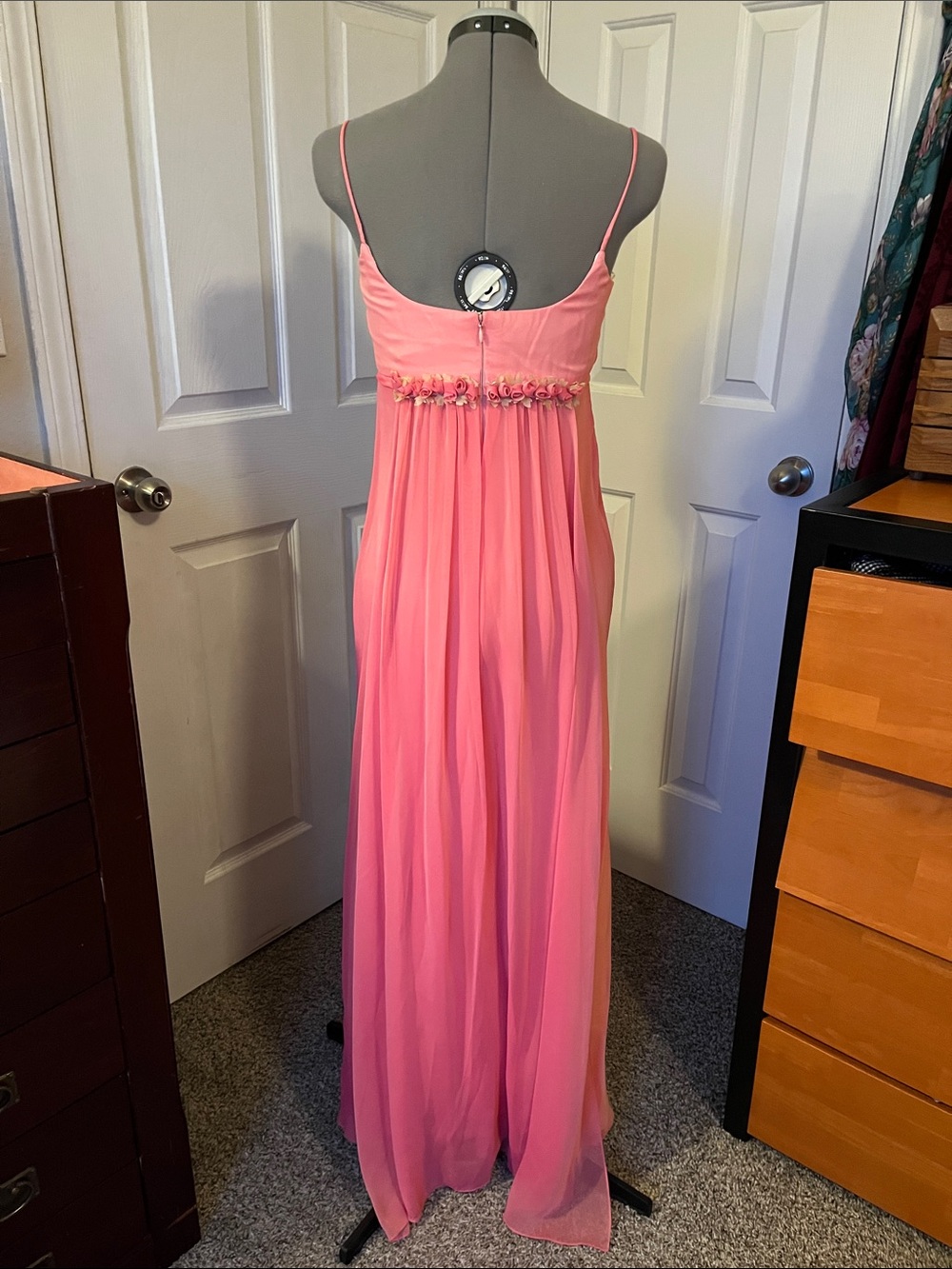 Michaelangelo Pink Spaghetti-Strap Maxi Dress with Floral Waist